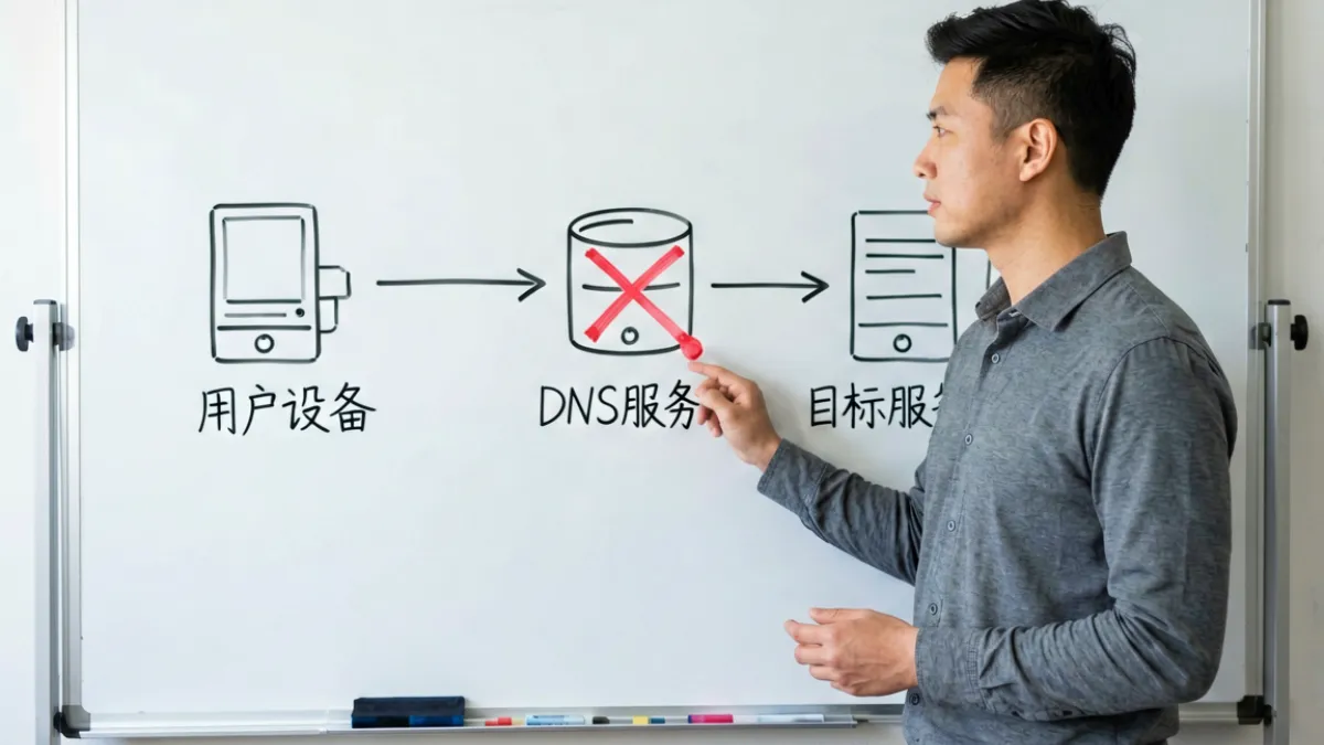 草榴网址 - 技术人员在白板上讲解DNS污染和IP封锁的工作原理示意图，展示请求被拦截的路径
